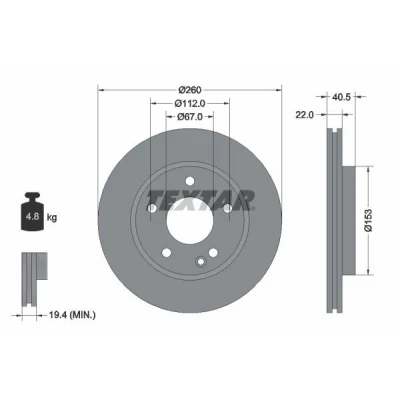 Billede af TEXTAR PRO 92091303 Bremseskiver 260 22 05/06 112 indvendigt ventileret coatet uden hjulbolte, hjulnav MERCEDES BENZ: A klasse