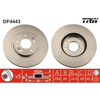 Billede af TRW DF4443 Bremseskiver 294 26 5 114,3 ventileret lakeret højkarboniseret HYUNDAI: Trajet