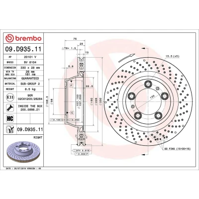 Billede af BREMBO Bremseskive 28mm 5 perforeret/indv. ventileret coatet højkarboniseret med skruer 09.D935.11 91135240200,99135240200 Bremseskiver, Skivebremser