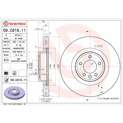 Billede af BREMBO 09.C819.11 Bremseskiver 363 33 5 indvendigt ventileret coatet højkarboniseret LAND ROVER: Range Rover 4, Sport