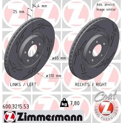 Billede af ZIMMERMANN 600.3215.53 Bremseskiver 310 25 5/5 5 100 indvendigt ventileret, opslidset coatet højkarboniseret VOLKSWAGEN: Polo V Hatchback, VI