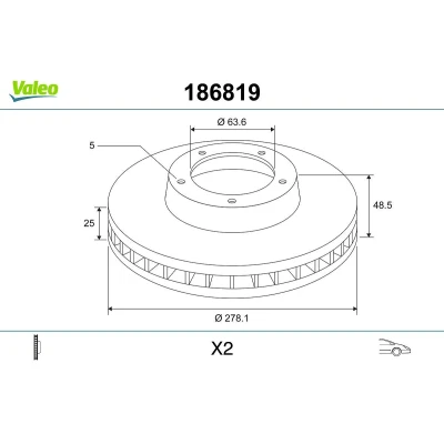 Billede af VALEO Bremseskive VOLVO: V40 Hatchback, V50, S40 II, FORD: Focus 2 Kombi, C Max, foraksel 278mm 25mm 5 hul ventileret 186819 1223663,1223665