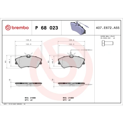 Billede af BREMBO P 68 023 Bremseklodser Inkl. slidadvarselskontakt med bremsecaliperskruer tilbehør