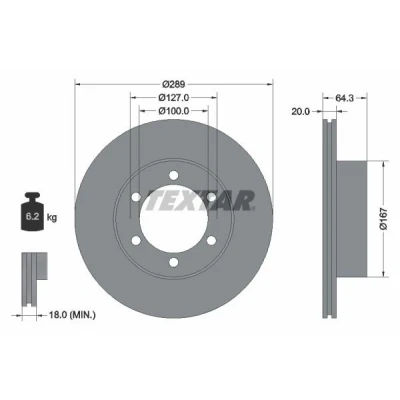 Billede af TEXTAR 92076300 Bremseskiver 289 20 06/06 127 indvendigt ventileret uden hjulbolte, hjulnav TOYOTA: HILUX 5 Pick up, 6 up