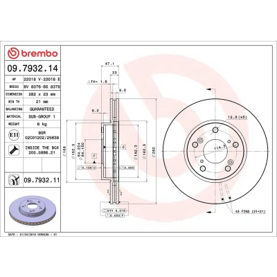 Billede af BREMBO COATED DISC LINE 09.7932.11 Bremseskiver 282 23 5 indvendigt ventileret coatet med skruer HONDA: HR V II, Accord 7 Limousine