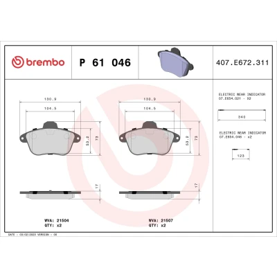 Billede af BREMBO P 61 046 Bremseklodser Inkl. slidadvarselskontakt uden tilbehør RENAULT: CLIO 2, CITROËN: XM II Hatchback, I Hatchback