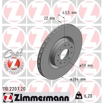 Billede af ZIMMERMANN COAT Z 110.2207.20 Bremseskiver 284 22 10/5 5 98 indvendigt ventileret coatet ALFA ROMEO: Spider, 156 Sportwagon, 147