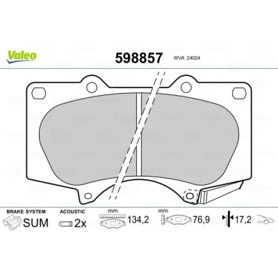 Billede af VALEO 598857 Bremseklodser foraksel Inkl. slidadvarselskontakt med anti knirke plade TOYOTA: HILUX 3 Pick up, Land Cruiser Prado 120