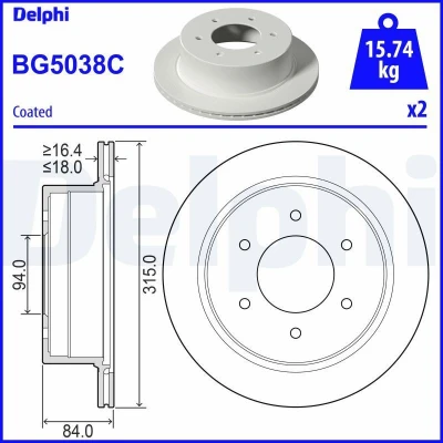 Billede af DELPHI BG5038C Bremseskiver 315 18 6 ventileret coatet ubehandlet uden hjullejer, ABS sensorring