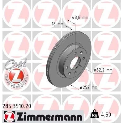 Billede af ZIMMERMANN COAT Z 285.3510.20 Bremseskiver 252 18 6/4 4 100 indvendigt ventileret coatet HYUNDAI: i10 I, II Hatchback, Sedan