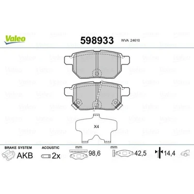 Billede af VALEO 598933 Bremseklodser bagaksel Inkl. slidadvarselskontakt med anti knirke plade TOYOTA: Yaris III Hatchback, II Auris Hatchback