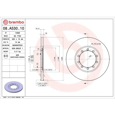 Billede af BREMBO 08.A530.10 Bremseskiver 280 16 5 fuldstændigt FORD: Transit Mk6 Van, Bus, Ladvogn/Chassis
