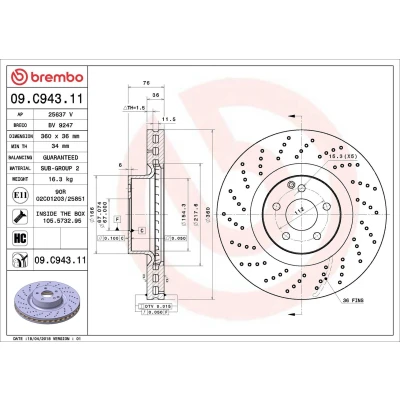 Billede af BREMBO 09.C943.11 Bremseskiver 360 36 5 perforeret/indv. ventileret coatet højkarboniseret med skruer MERCEDES BENZ: S klasse Sedan, Coupe