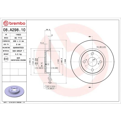 Billede af BREMBO 08.A298.10 Bremseskiver 266 9 4 fuldstændigt TOYOTA: Corolla VIII Compact, Liftback, VII Compact