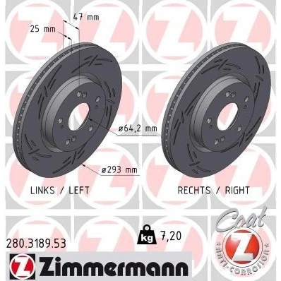 Billede af ZIMMERMANN Bremseskive HONDA: CIVIC 9, 9 Tourer, 10 25mm 9/5 5 hul 114mm indvendigt ventileret, opslidset coatet 280.3189.53 45251TGNE00