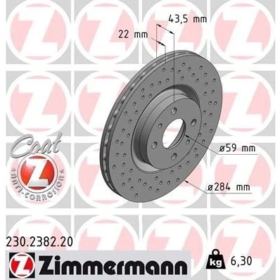 Billede af ZIMMERMANN COAT Z 230.2382.20 Bremseskiver 284 22 6/4 4 98 indvendigt ventileret, hullet coatet ABARTH: 500 / 595 695 Hatchback
