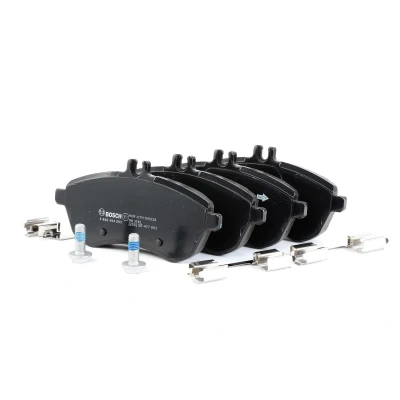 Billede af BOSCH 0 986 494 593 Bremseklodser Low Metallic med anti knirke plade, skruer fjeder, tilbehør MERCEDES BENZ: E klasse Sedan