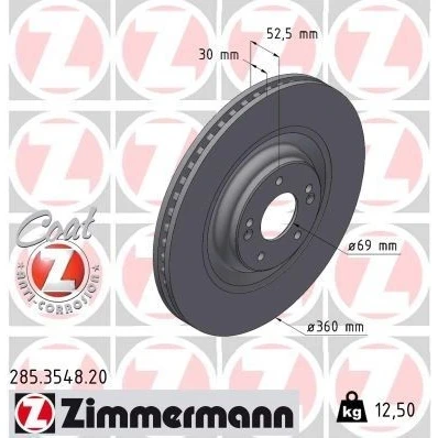 Billede af ZIMMERMANN Bremseskive HYUNDAI: Kona SUV, i30 III Hatchback, Fastback 360mm 30mm 7/5 5 hul 114mm indvendigt ventileret coatet højkarboniseret
