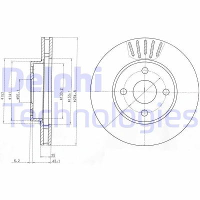 Billede af DELPHI BG3781 Bremseskiver 255 25 4 ventileret olieret højkarboniseret uden hjullejer, ABS sensorring TOYOTA: Corolla IX Hatchback
