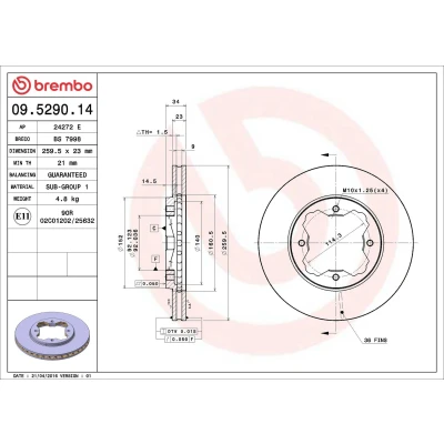Billede af BREMBO 09.5290.14 Bremseskiver 259 23 4 indvendigt ventileret HONDA: CIVIC 6 Hatchback, Stufenheck