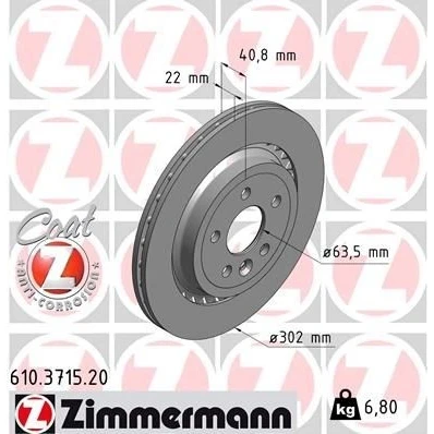 Billede af ZIMMERMANN COAT Z 610.3715.20 Bremseskiver 302 22 6/5 5 108 indvendigt ventileret coatet VOLVO: V70 3, V60 I, S80 II