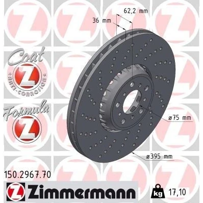 Billede af ZIMMERMANN bremseskive BMW: X5 395mm 36mm 10/5 5 hul 112mm ventileret, hullet, todelt 150.2967.70 Bremseskiver, Skivebremser