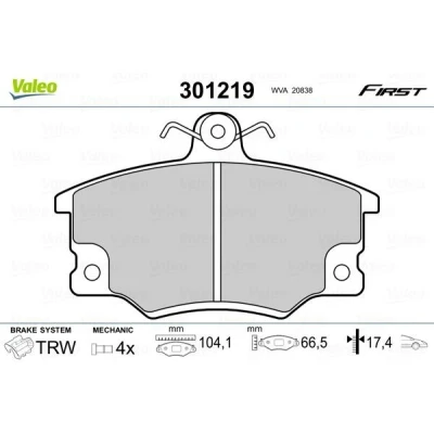 Billede af VALEO 301219 Bremseklodser FIRST foraksel Inkl. slidadvarselskontakt uden anti knirke plade FIAT: Punto I Hatchback, Uno Panda Hatchback