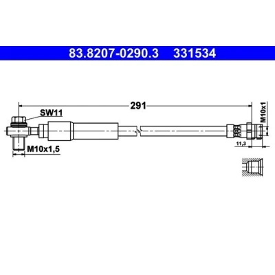Billede af ATE 83.8207 0290.3 Bremseslange 291 M10x1 VOLKSWAGEN: Golf 7 Variant, 7, AUDI: A3 Sportback