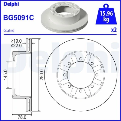 Billede af DELPHI BG5091C Bremseskiver 290 22 8 ventileret coatet ubehandlet uden hjullejer, ABS sensorring, leje