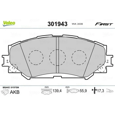 Billede af VALEO 301943 Bremseklodser FIRST foraksel Ekskl. slidadvarselskontakt uden anti knirke plade TOYOTA: Yaris III Hatchback, Auris RAV4 IV SUV
