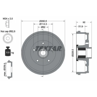 Billede af TEXTAR 94047500 Bremsetromler med ABS sensorring, hjulleje, uden hjulbolte, hjulnav 261 DACIA: Duster SUV, II