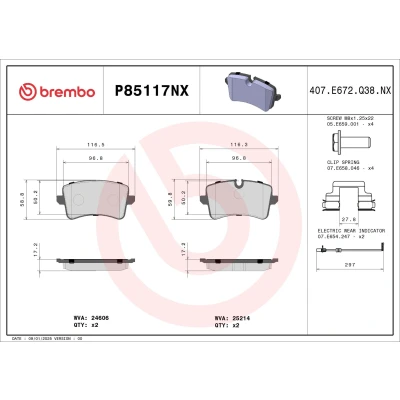 Billede af BREMBO P85117NX Bremseklodser Inkl. slidadvarselskontakt med bremsecaliperskruer, anti knirke plade tilbehør