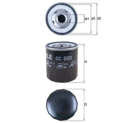 Billede af MAHLE ORIGINAL OC 503 Oliefilter med en returløbs stop ventil Påskruet filter AUDI: A3 Sportback, A1 Hatchback, A8 D4, PEUGEOT: 407 SW, Sedan