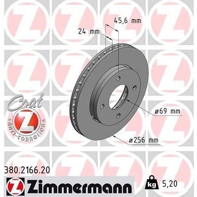 Billede af ZIMMERMANN COAT Z 380.2166.20 Bremseskiver 256 24 4/4 4 114 udvendig ventileret coatet højkarboniseret MITSUBISHI: Colt 6, VI CZC Cabriolet