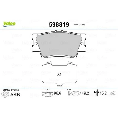 Billede af VALEO 598819 Bremseklodser bagaksel Ekskl. slidadvarselskontakt med anti knirke plade TOYOTA: RAV4 IV SUV, III Camry V Sedan