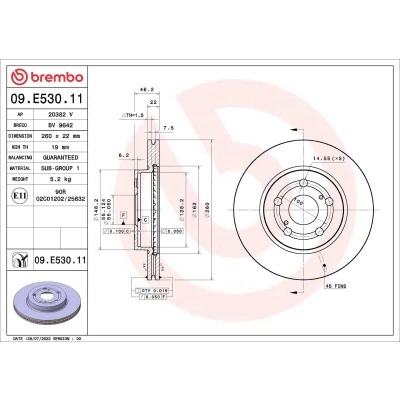 Billede af BREMBO 09.E530.11 Bremseskiver 260 22 5 indvendigt ventileret coatet TOYOTA: Yaris IV