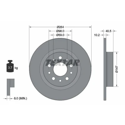 Billede af TEXTAR PRO 92271703 Bremseskiver 264 10,2 05/10 98 fuldstændigt coatet uden hjullejer, hjulbolte, hjulnav FIAT: Tipo Stationcar, 500L