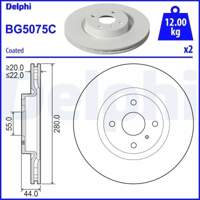Billede af DELPHI BG5075C Bremseskiver 280 22 4 ventileret coatet ubehandlet uden hjullejer, ABS sensorring MAZDA: MX 5 IV, IV RF Targa