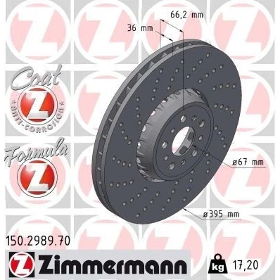 Billede af ZIMMERMANN bremseskive BMW: X5, X3 395mm 36mm 10/5 5 hul 112mm ventileret, hullet, todelt 150.2989.70 Bremseskiver, Skivebremser