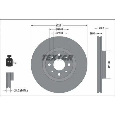 Billede af TEXTAR 92344703 Bremseskiver 281 26 04/08 98 indvendigt ventileret coatet uden hjulbolte, hjulnav FIAT: 500 Hatchback