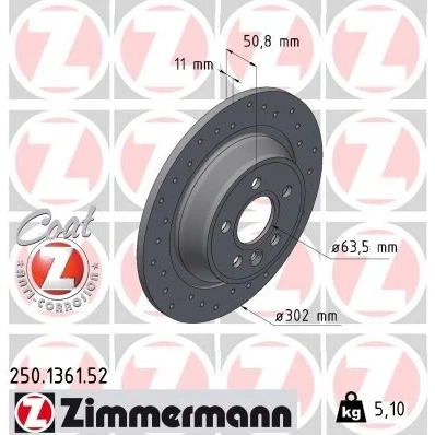 Billede af ZIMMERMANN 250.1361.52 Bremseskiver 302 11 6/5 5 108 fuldstændigt, hullet coatet FORD: MONDEO 4 Turnier, S Max Mk2, Mk1