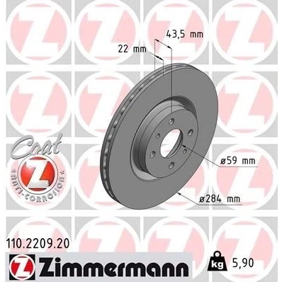Billede af ZIMMERMANN COAT Z 110.2209.20 Bremseskiver 284 22 6/4 4 98 indvendigt ventileret coatet ABARTH: 500 / 595 695 Hatchback