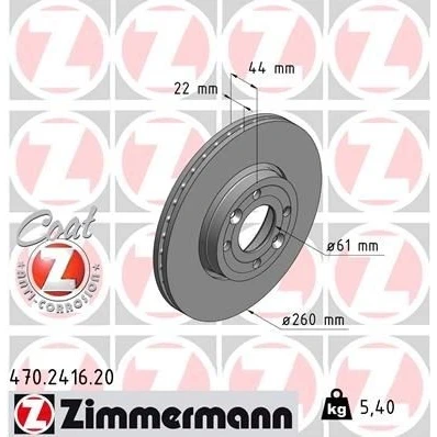 Billede af ZIMMERMANN COAT Z 470.2416.20 Bremseskiver 260 22 6/4 4 100 udvendig ventileret coatet højkarboniseret RENAULT: Clio 3, III Grandtour, MEGANE 2