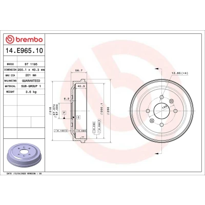 Billede af BREMBO 14.E965.10 Bremsetromler uden hjullejesæt 200,1mm CHEVROLET: Aveo / Kalos Hatchback, Sedan