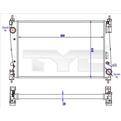 Billede af TYC 725 0042 R Radiator 620 418 32 Mekanisk fuget køleripper OPEL: Corsa D Hatchback, FIAT: Grande Punto Evo Hatchback