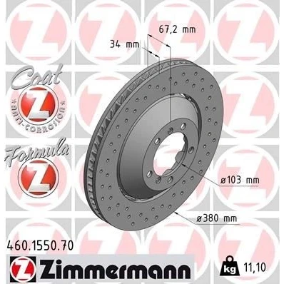 Billede af ZIMMERMANN 460.1550.70 Bremseskiver 380 34 7/5 5 130 ventileret, hullet, todelt bremseskive coatet legeret PORSCHE: 911 Coupe