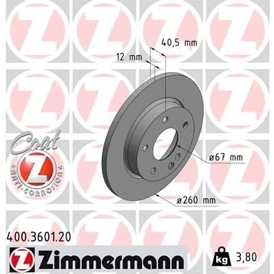 Billede af ZIMMERMANN COAT Z 400.3601.20 Bremseskiver 260 12 6/5 5 112 fuldstændigt coatet MERCEDES BENZ: A klasse