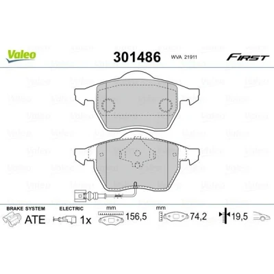 Billede af VALEO 301486 Bremseklodser FIRST foraksel Inkl. slidadvarselskontakt med anti knirke plade VOLKSWAGEN: GOLF 4, Polo IV Hatchback, 3