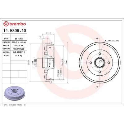 Billede af BREMBO 14.E309.10 Bremsetromler 203,1mm PEUGEOT: 206+ Hatchback, 206 Hatchback