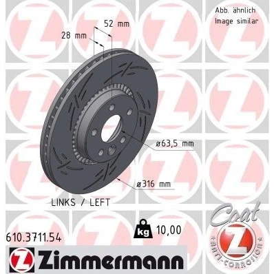 Billede af ZIMMERMANN 610.3711.54 Bremseskiver 316 28 6/5 5 108 udvendig ventileret, opslidset coatet VOLVO: V70 3, V60 I, S80 II, FORD: S Max Mk1